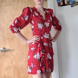 Red floral wrap dress